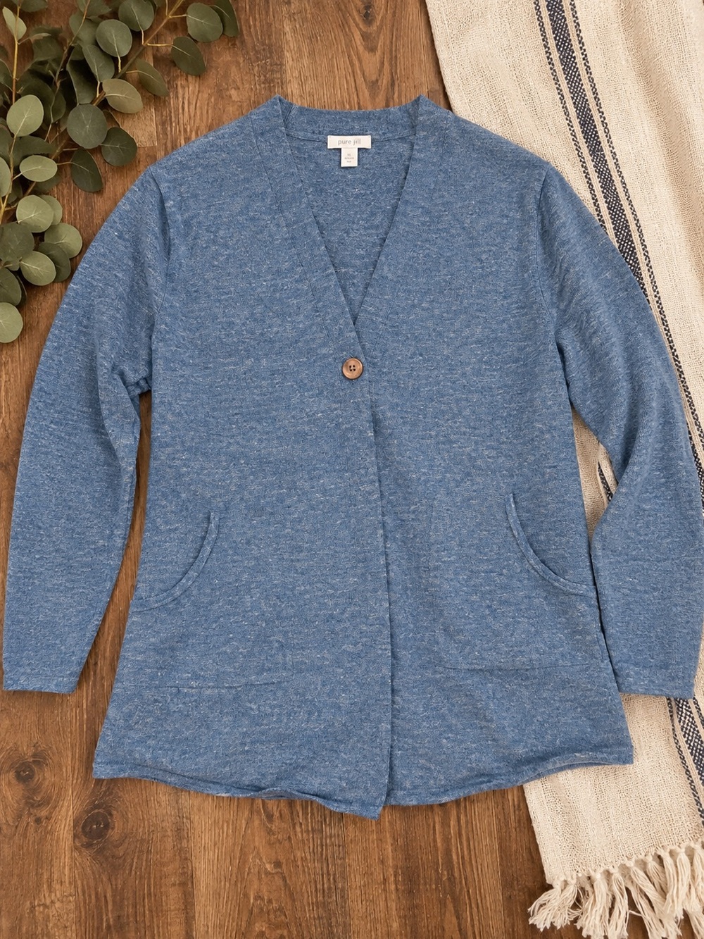 Pure Jill J.Jill XL 100% Cotton Blue Heather Single Button Cardigan